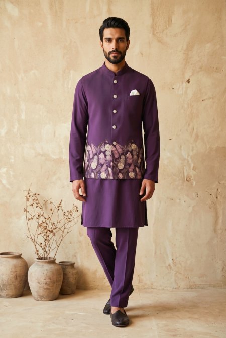 Purple Outluk Wedding Vol 67 Soft Silk Modi Jacket Kurta Pajama W6704